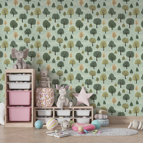 Enchanted forest wallpaper creating magical woodland atmosphere in children's playroom