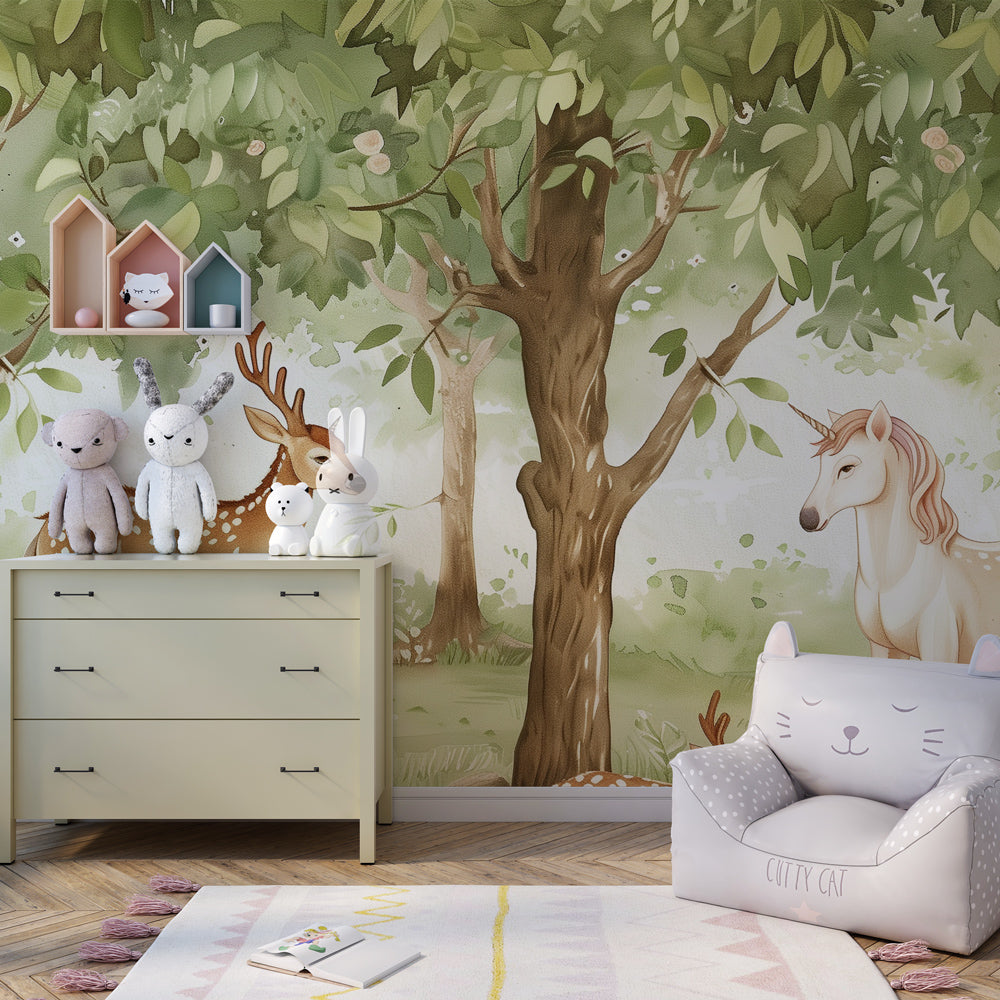 Forest unicorn mural wallpaper transforming kids playroom into magical woodland sanctuary