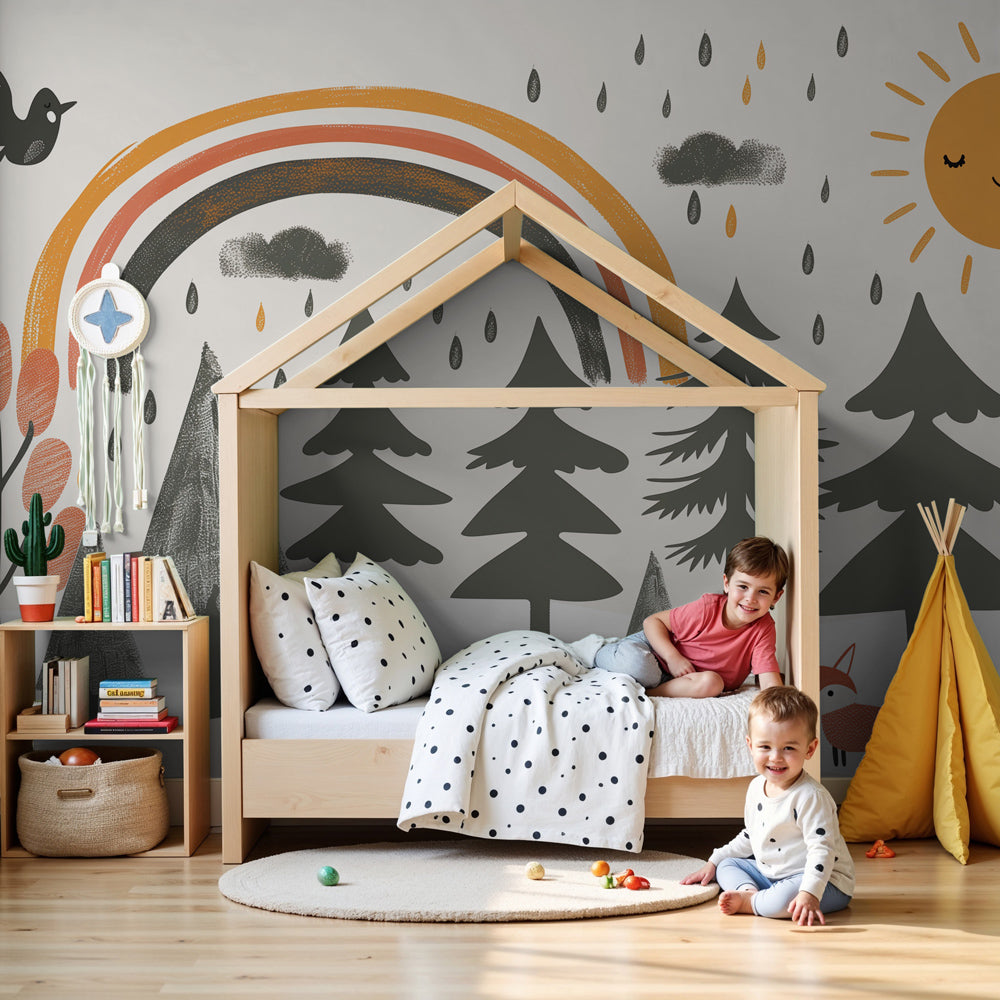 Forest mural wallpaper with rainbow and sun creating magical nursery decor by Kids-Mundo