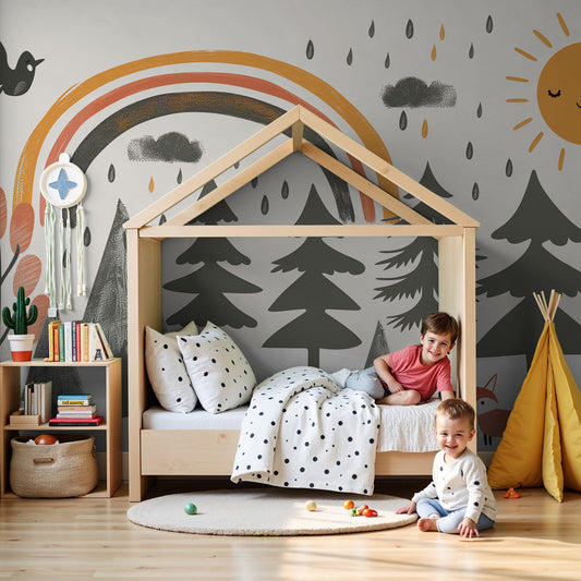 Forest mural wallpaper with rainbow and sun creating magical nursery decor by Kids-Mundo