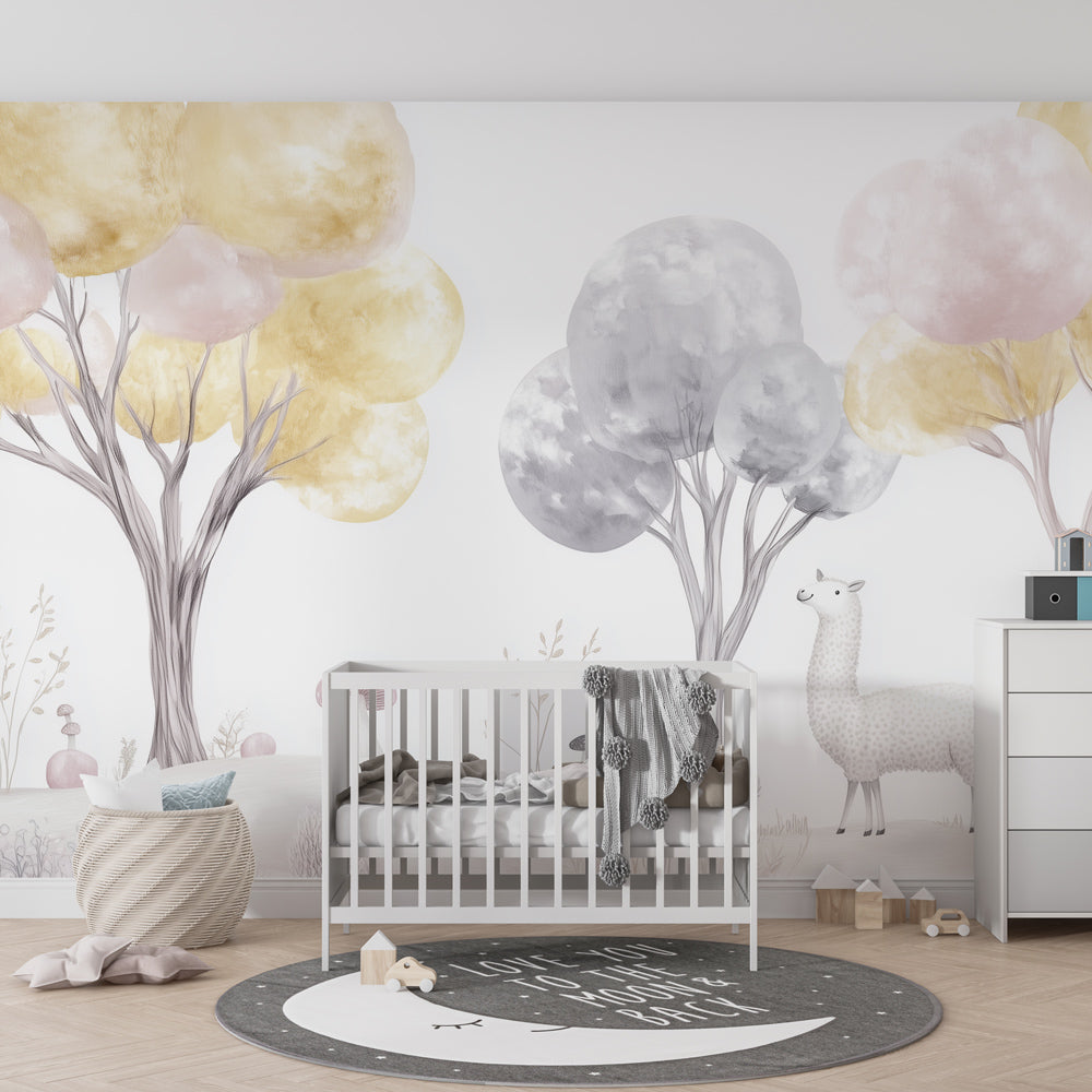 Soft-colored enchanted forest mural wallpaper transforming toddler room into peaceful sanctuary