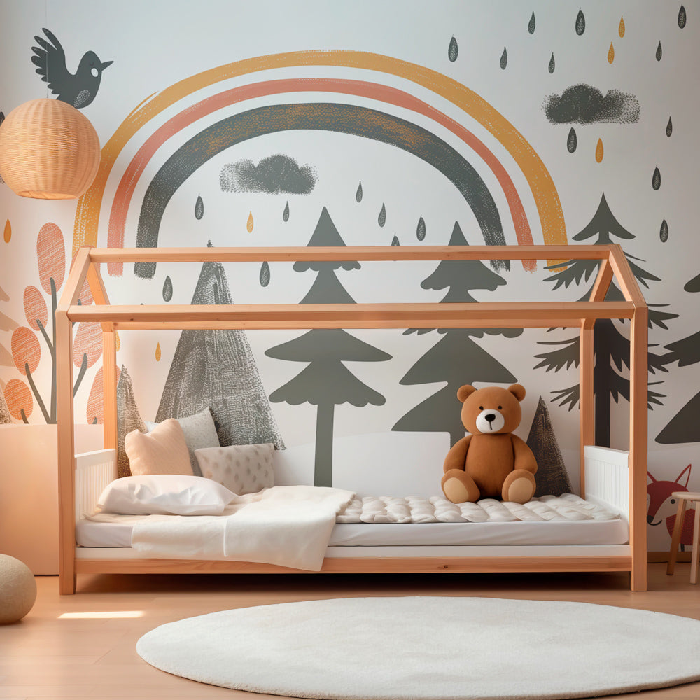 Graphic forest wallpaper featuring playful rain and woodland animals in kids bedroom
