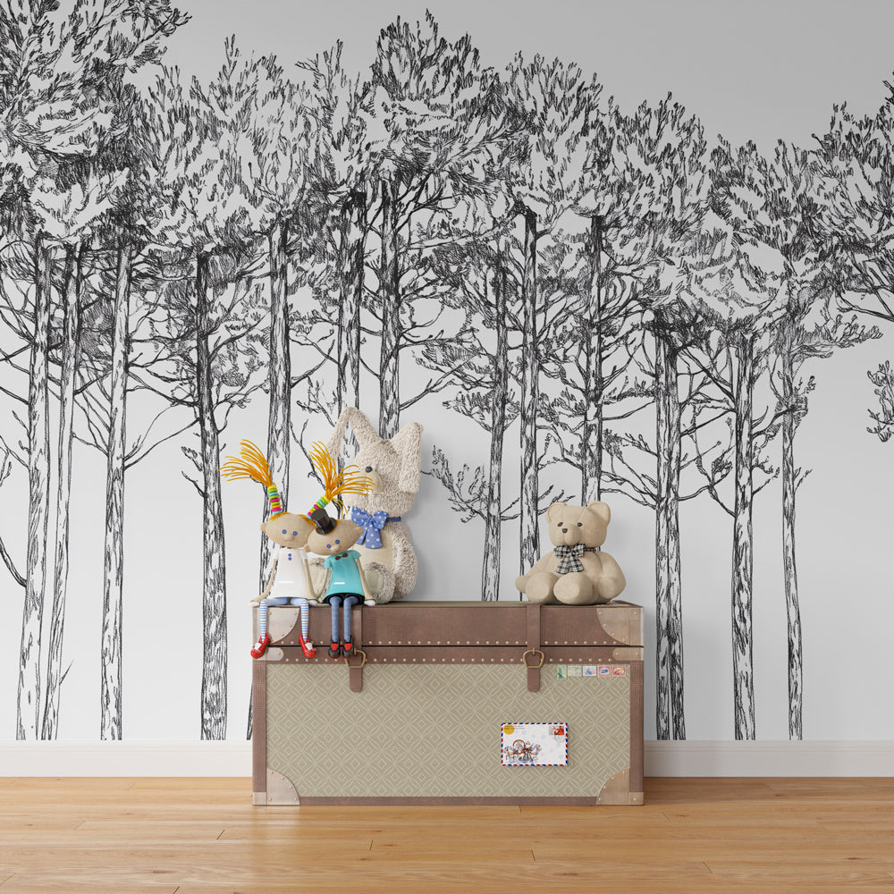 Minimalist woodland mural wallpaper transforming children's room into peaceful forest retreat