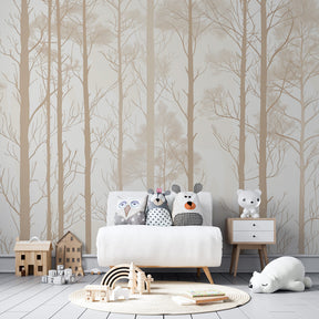 Beige and green forest mural wallpaper transforming kids room into woodland sanctuary