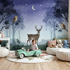 Forest night mural wallpaper with woodland animals in modern nursery room by Kids-Mundo