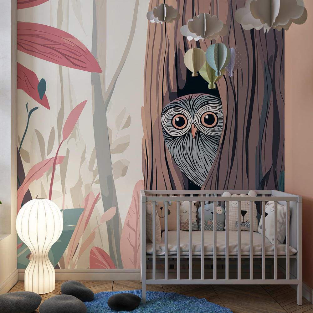 Woodland owl wallpaper creating magical children's bedroom atmosphere with soft lighting