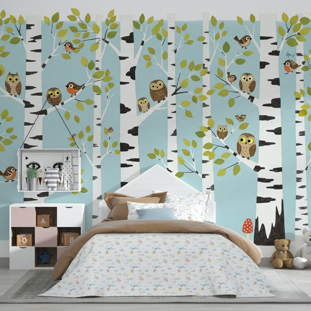 Oak tree and owl woodland wallpaper in modern kids bedroom interior