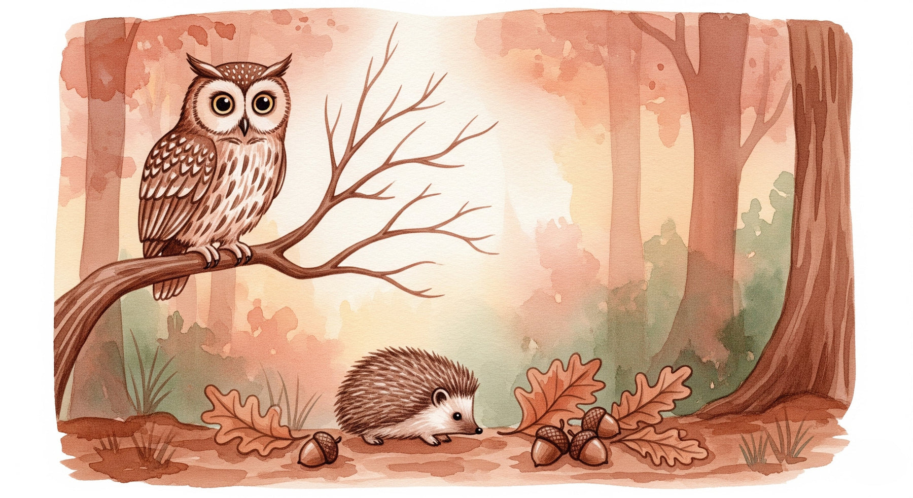 Detailed forest owl and hedgehog mural wallpaper design pattern by Kids-Mundo