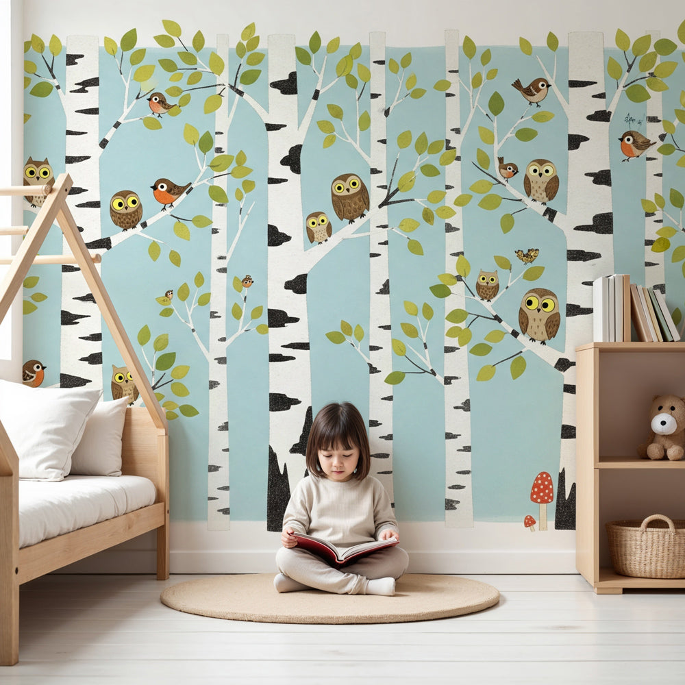 Forest owl mural wallpaper creating enchanted woodland nursery decor by Kids-Mundo