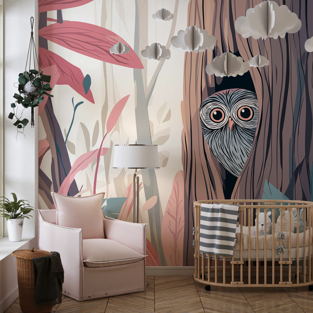 Nature-themed owl wallpaper in bright kids playroom with colorful toys and reading corner