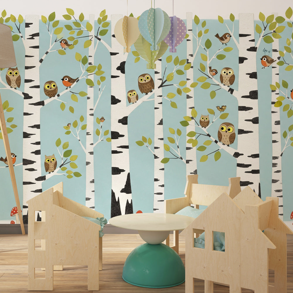 Whimsical forest creatures mural wallpaper for children's playroom by Kids-Mundo