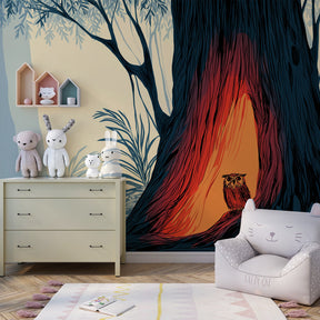 Forest themed mural wallpaper for kids creating peaceful reading corner with owl design