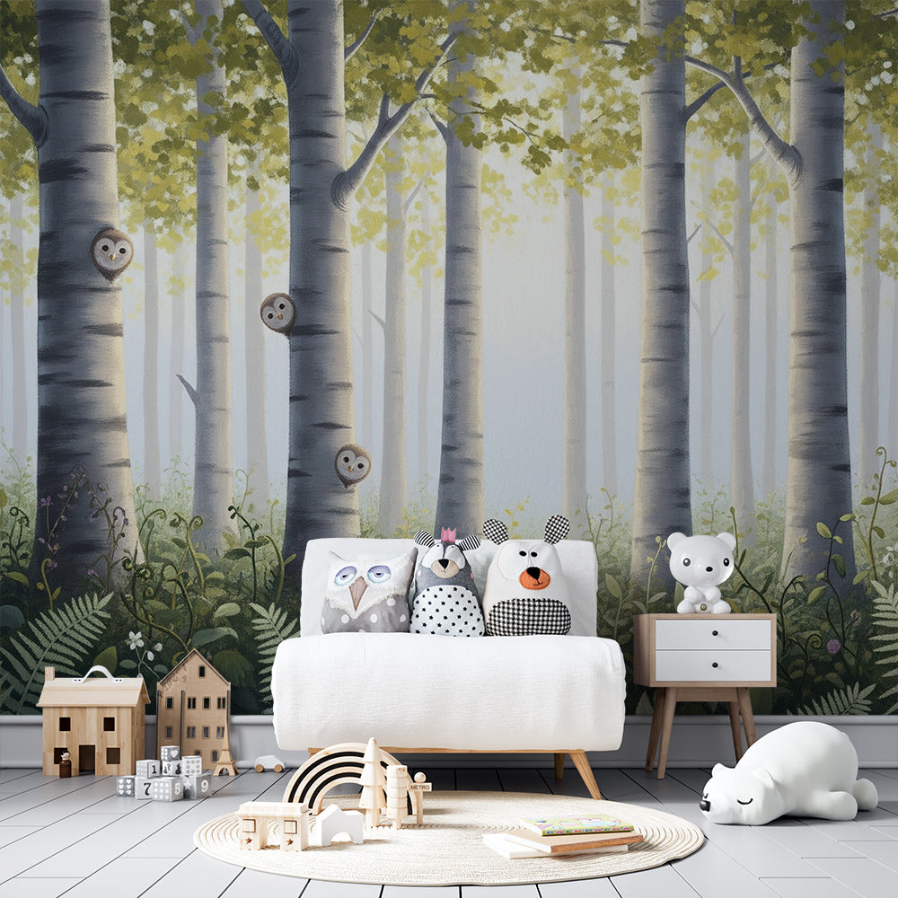 Kids-Mundo enchanted forest owl and birch tree wall mural in a child's kids bedroom with wooden furniture