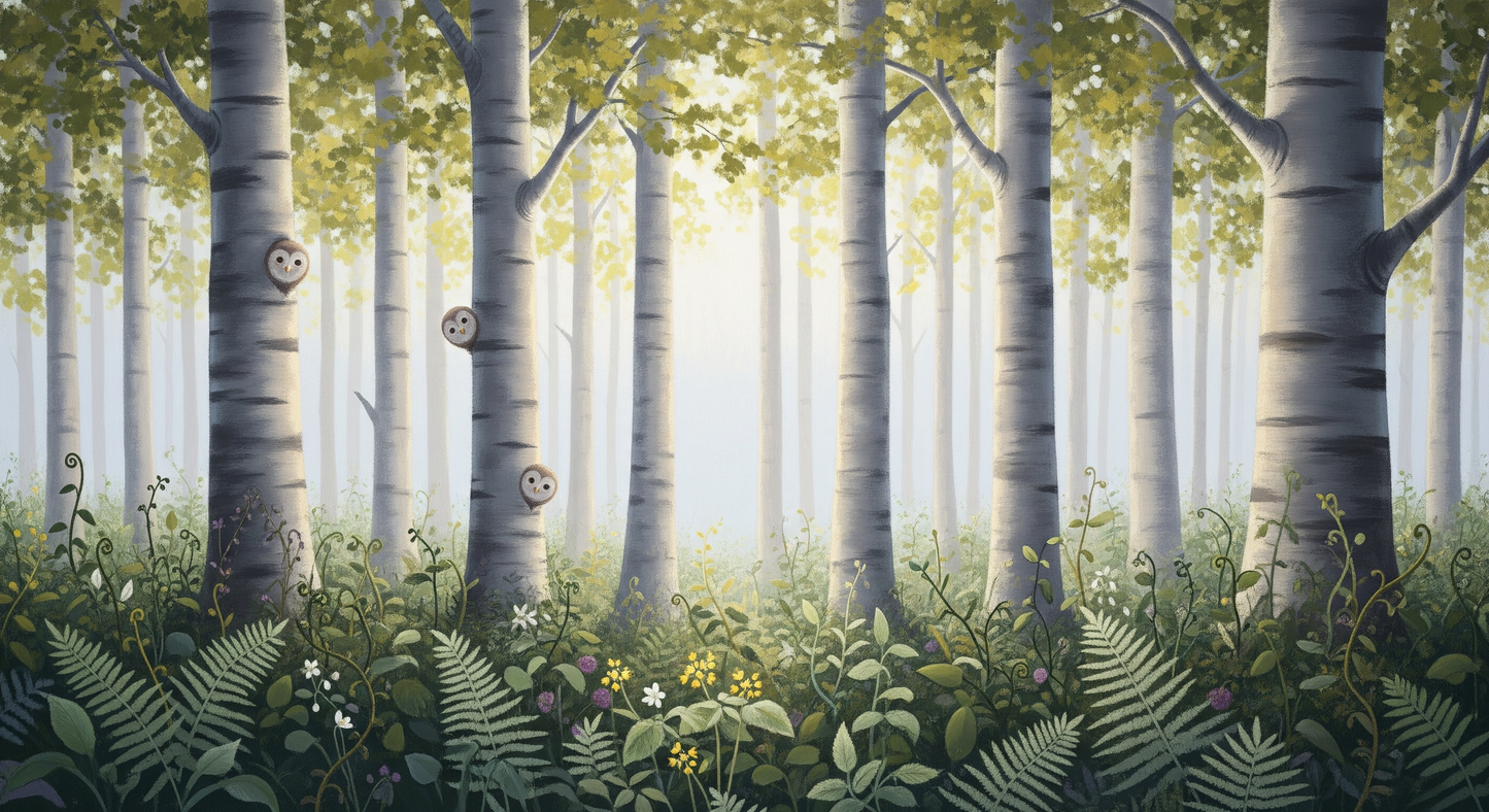 Kids-Mundo flat artwork preview of the enchanted forest owl and birch tree wall mural design