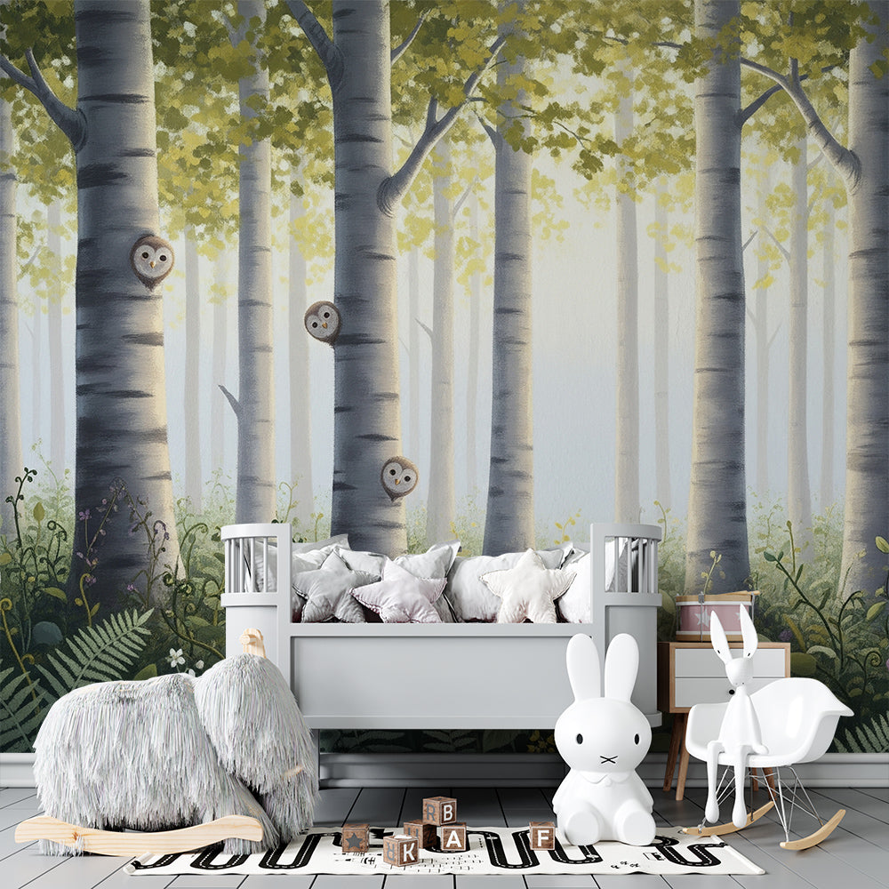 Kids-Mundo enchanted forest owl and birch tree wall mural covering a wall in a bright children's playroom