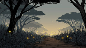 Detailed forest path mural wallpaper design pattern with fireflies and woodland trees by Kids-Mundo
