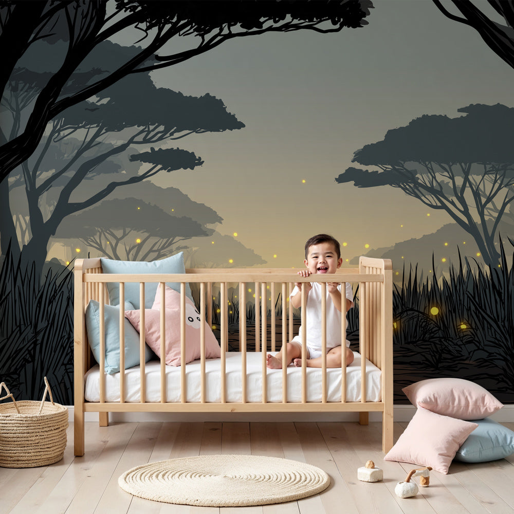 Forest path mural wallpaper with fireflies creating magical nursery decor by Kids-Mundo
