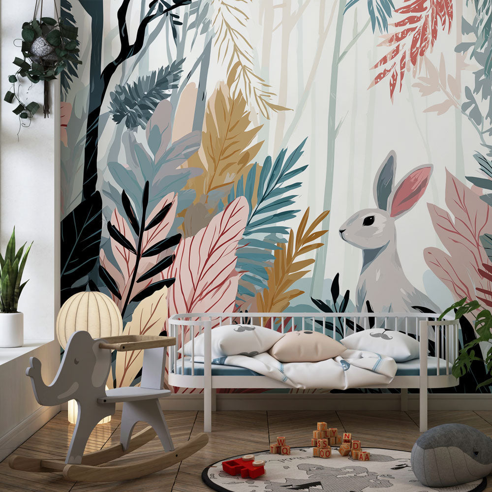 Tropical rabbit wallpaper with soft pink and green tones in modern baby room setting