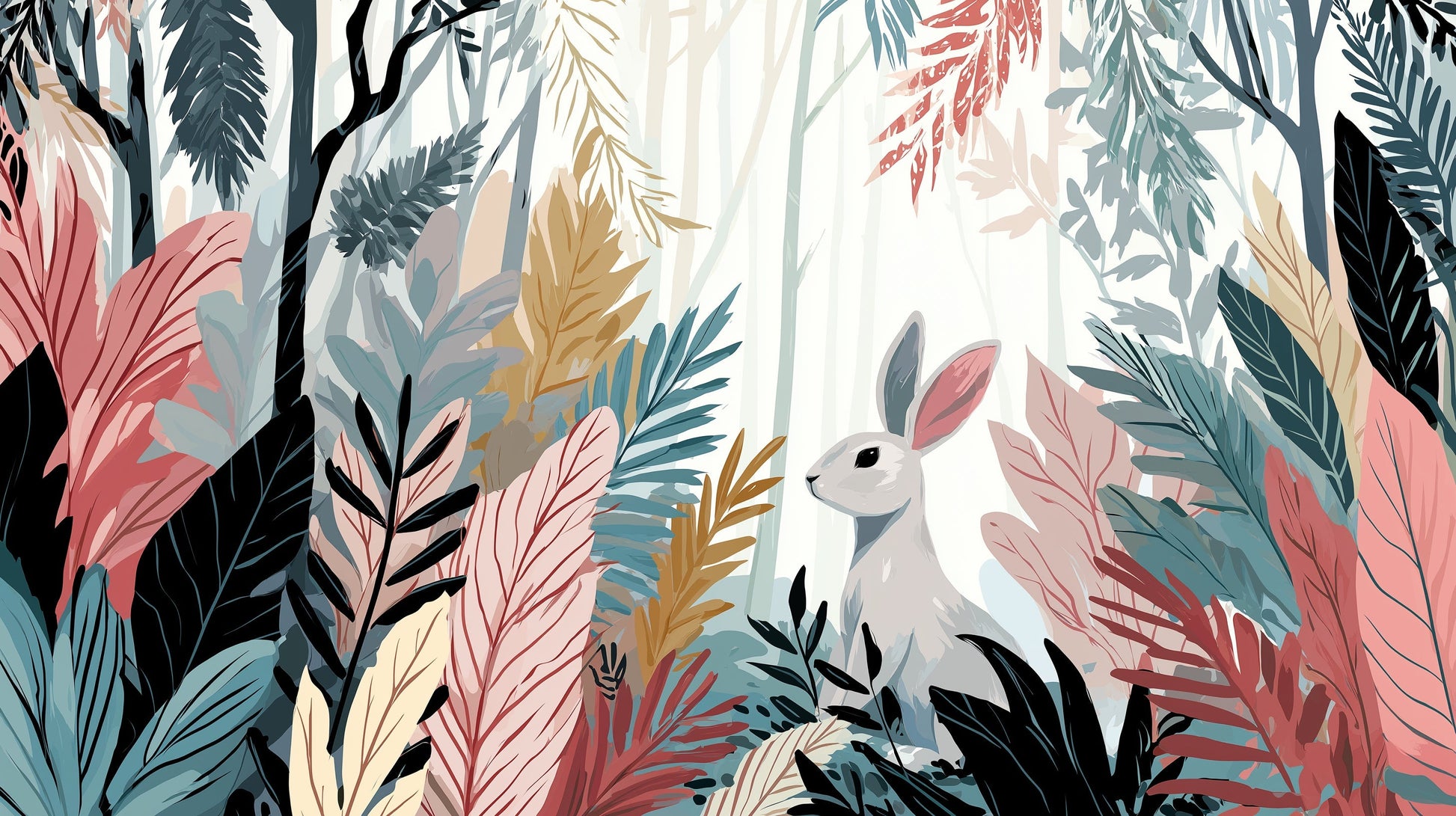 Detailed tropical forest rabbit mural wallpaper design pattern with colorful foliage by Kids-Mundo