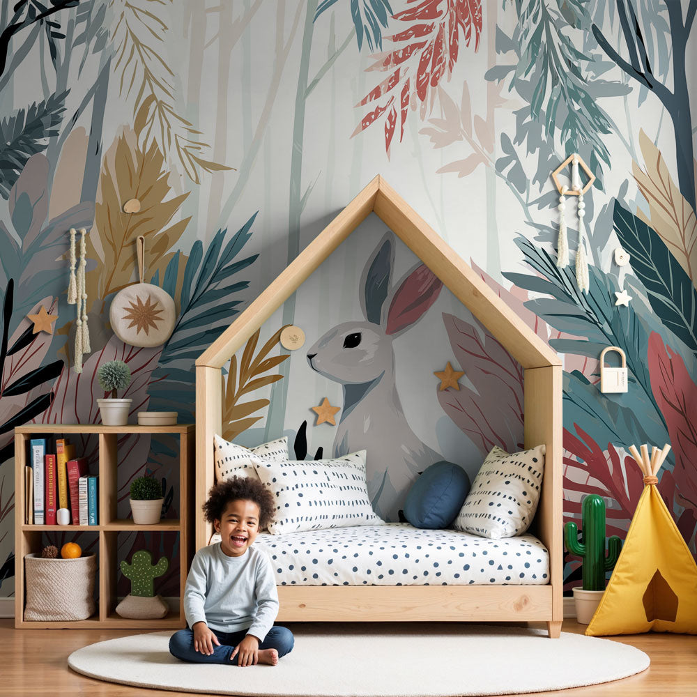 Forest rabbit mural wallpaper creating magical tropical nursery decor by Kids-Mundo