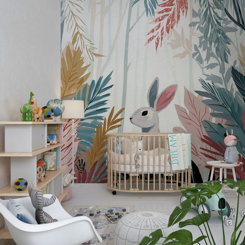 Woodland rabbit mural wallpaper transforming children's bedroom into peaceful forest sanctuary