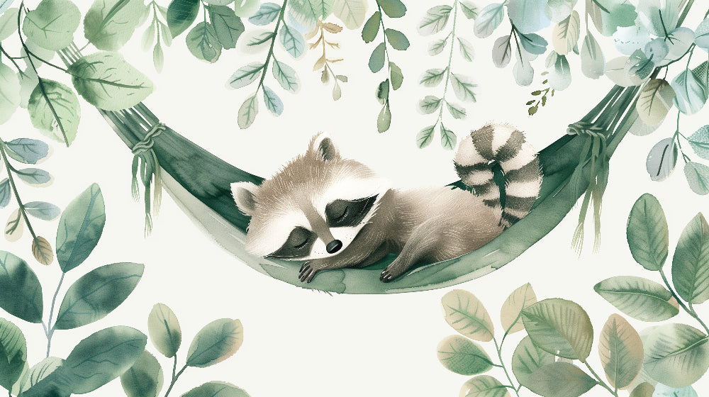 Detailed forest raccoon in hammock mural wallpaper design pattern with green foliage by Kids-Mundo