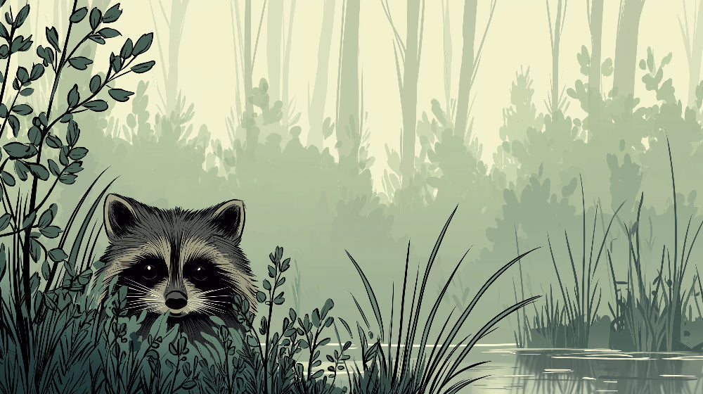 Detailed forest raccoon mural wallpaper design pattern showing woodland foliage by Kids-Mundo