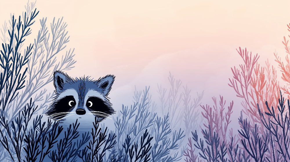 Detailed forest raccoon mural wallpaper design pattern with foliage and gradient background