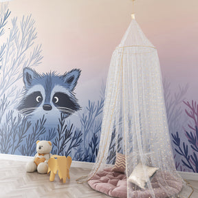 Woodland animal mural wallpaper in cozy kids room with natural wood furniture by Kids-Mundo