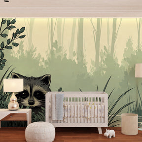 Playful forest raccoon mural wallpaper transforming kids playroom into woodland adventure