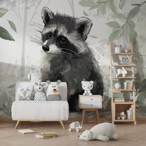 Children's playroom featuring forest raccoon mural wallpaper with green foliage design