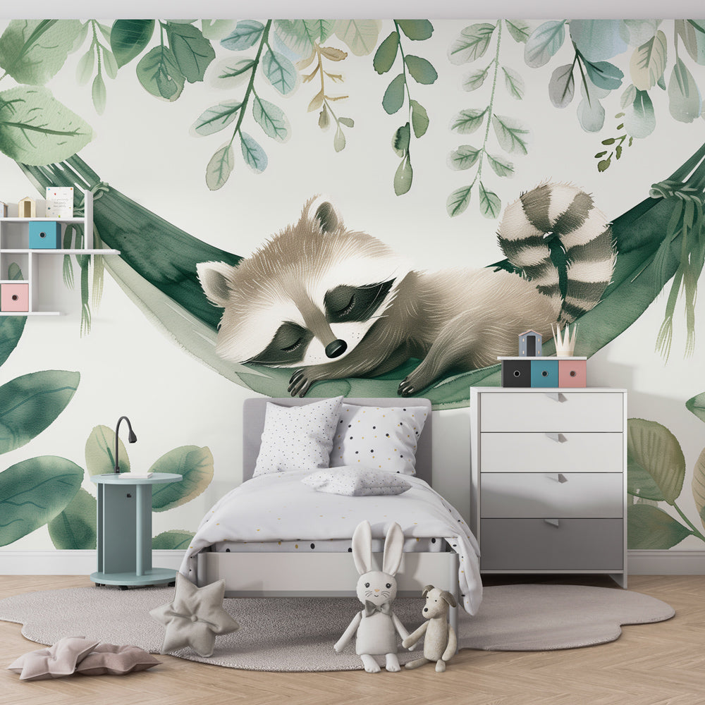 Hammock raccoon mural wallpaper transforming toddler room into magical forest retreat