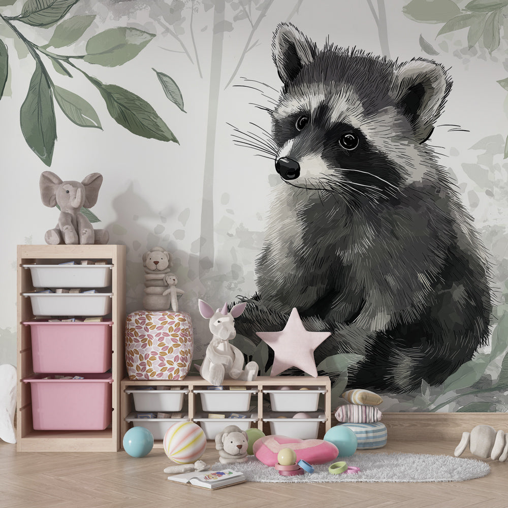 Woodland raccoon wallpaper creating peaceful kids bedroom with natural wood furniture
