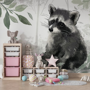 Woodland raccoon wallpaper creating peaceful kids bedroom with natural wood furniture
