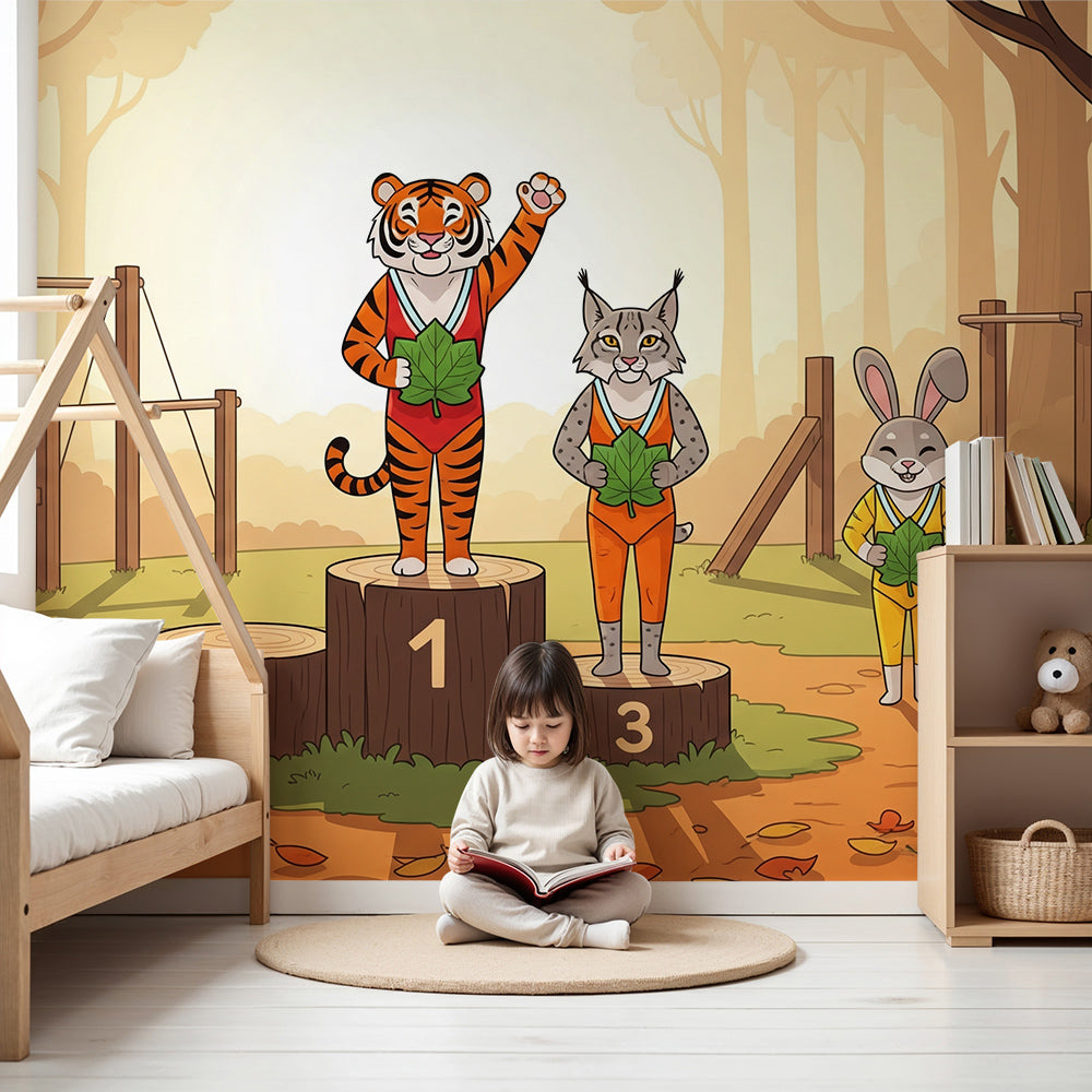 Kids-Mundo tiger, lynx and rabbit sports day mural in an active kids bedroom