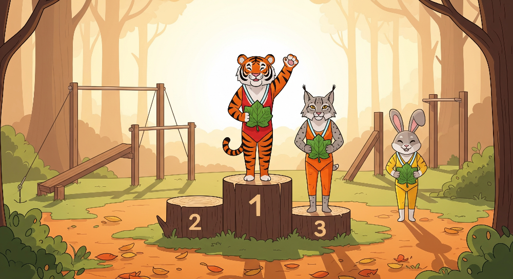 Kids-Mundo flat artwork of a tiger, lynx and rabbit on a woodland winners' podium