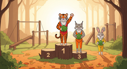 Kids-Mundo flat artwork of a tiger, lynx and rabbit on a woodland winners' podium