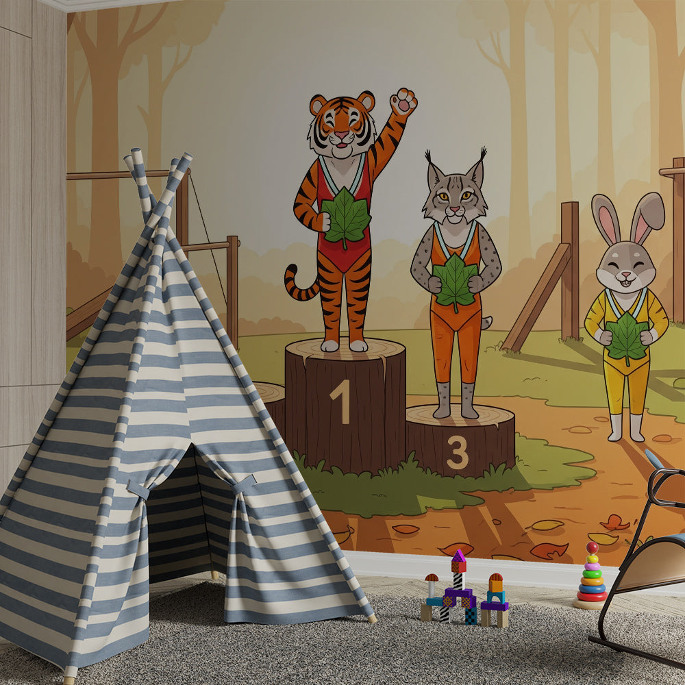 Kids-Mundo forest sports day animal wall mural styled in a playful, colourful nursery