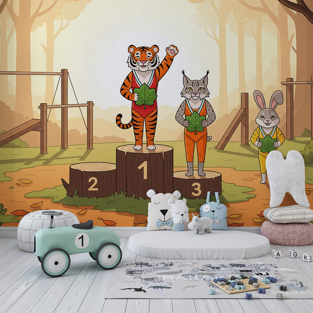 Kids-Mundo woodland sports day wall mural bringing energy to a playroom wall