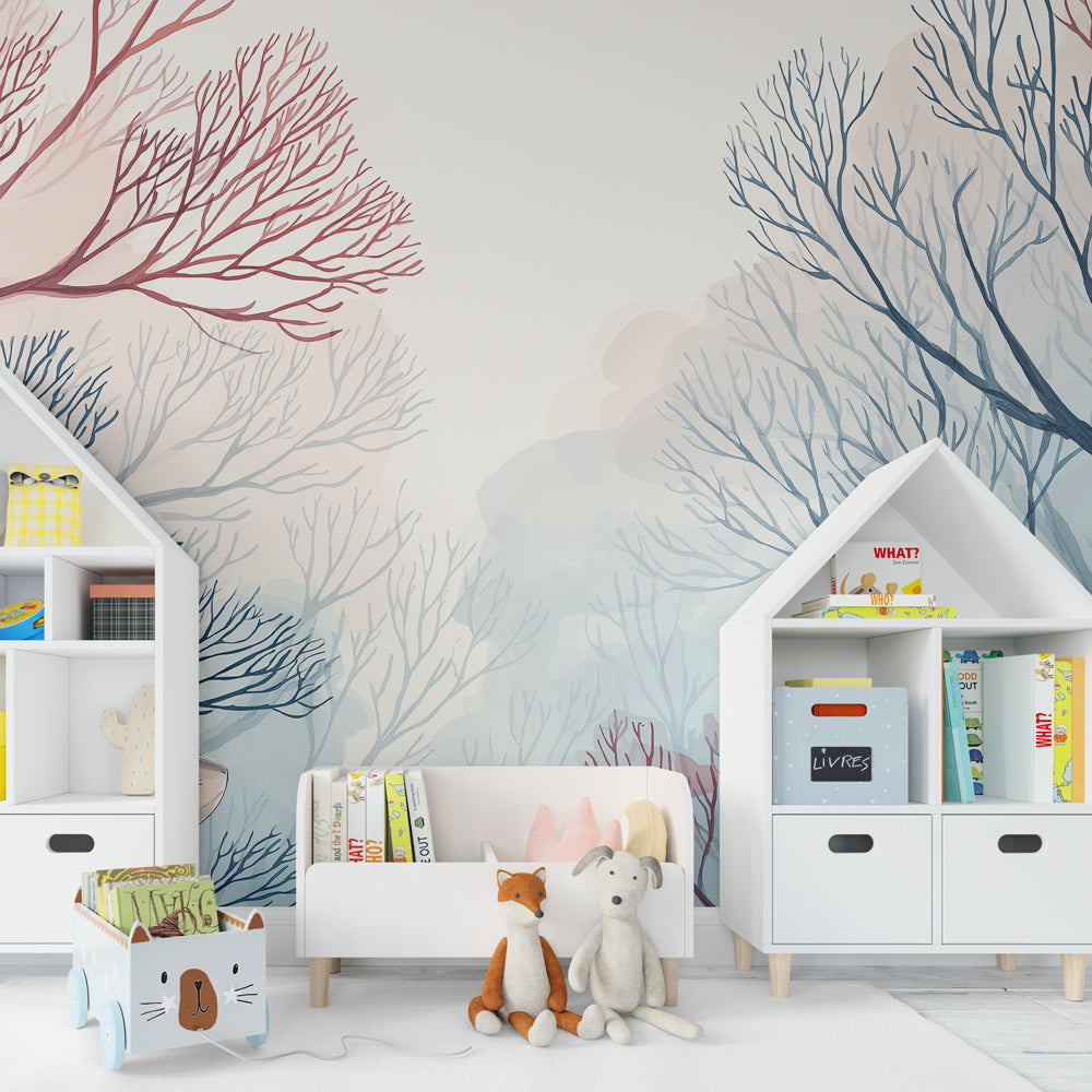Woodland squirrel wallpaper creating calm atmosphere in children's bedroom decor