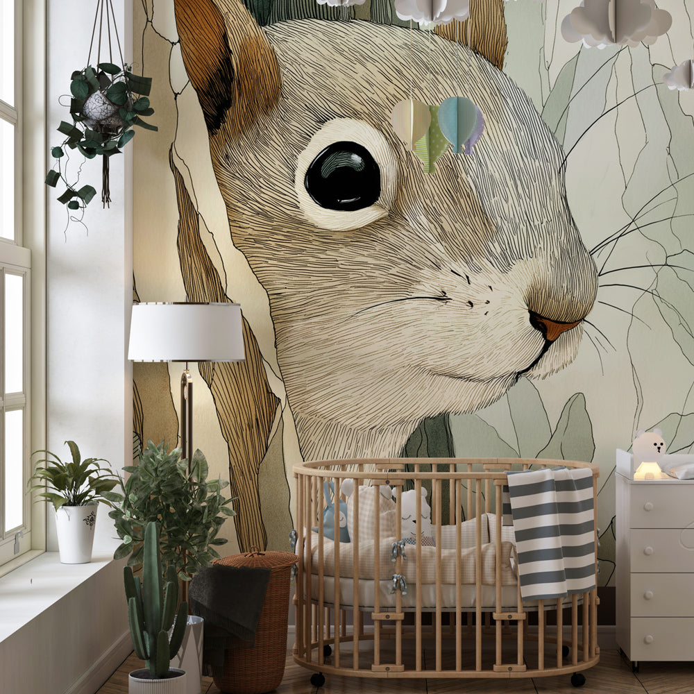 Woodland squirrel wallpaper creating serene children's bedroom atmosphere with green nature theme