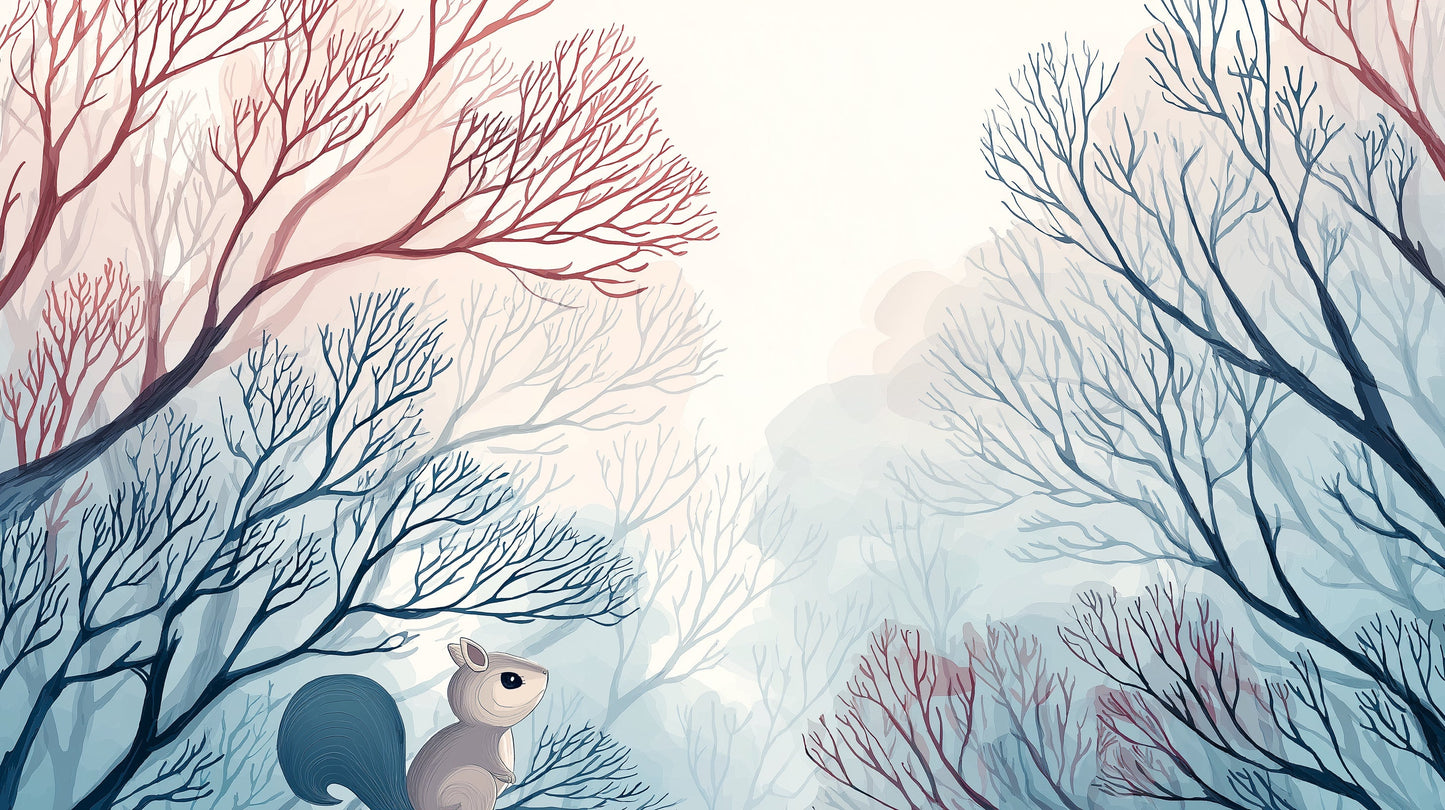 Detailed forest squirrel mural wallpaper design pattern with watercolor branches by Kids-Mundo