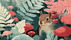Detailed forest squirrel and mushroom mural wallpaper design pattern by Kids-Mundo