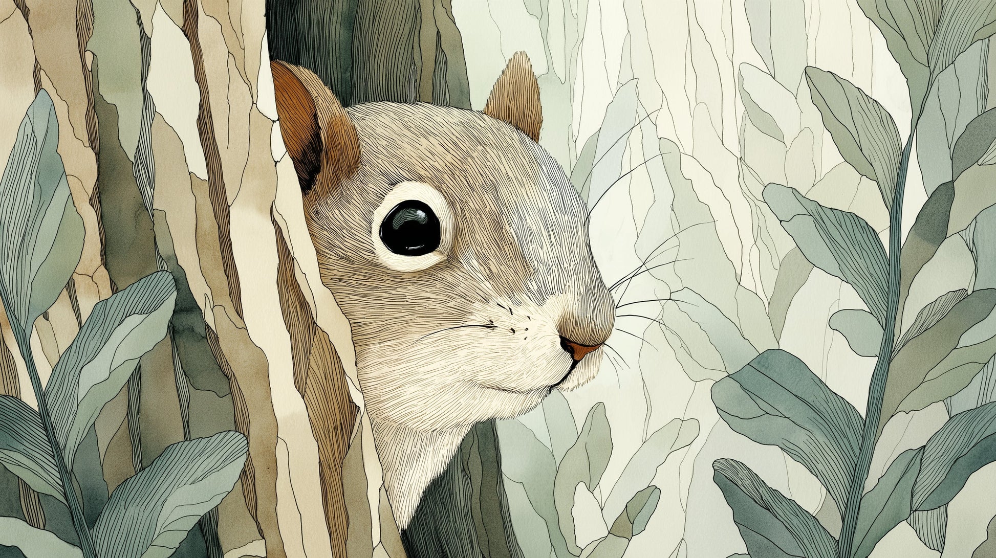 Detailed forest squirrel mural wallpaper design pattern featuring woodland foliage by Kids-Mundo