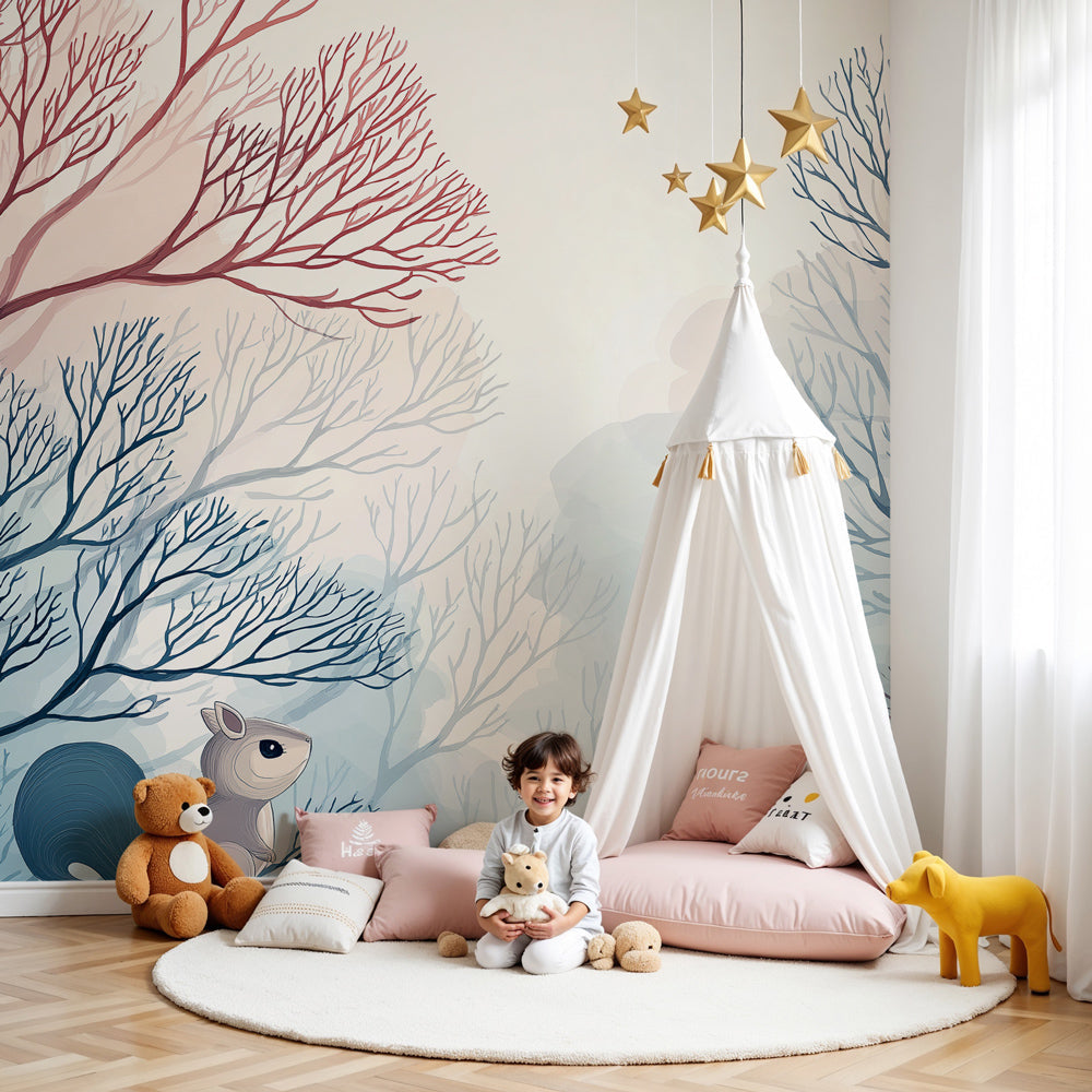 Forest squirrel mural wallpaper in peaceful nursery setting with natural wood furniture by Kids-Mundo