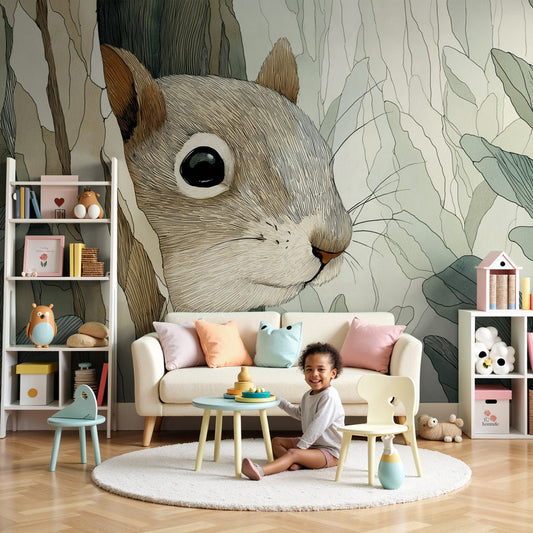 Forest squirrel mural wallpaper in peaceful nursery setting with natural wood furniture by Kids-Mundo