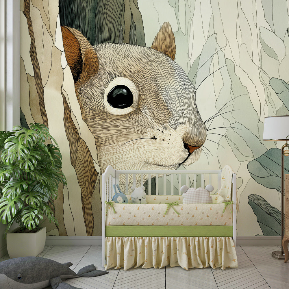 Nature-themed squirrel mural wallpaper transforming kids playroom into woodland adventure space