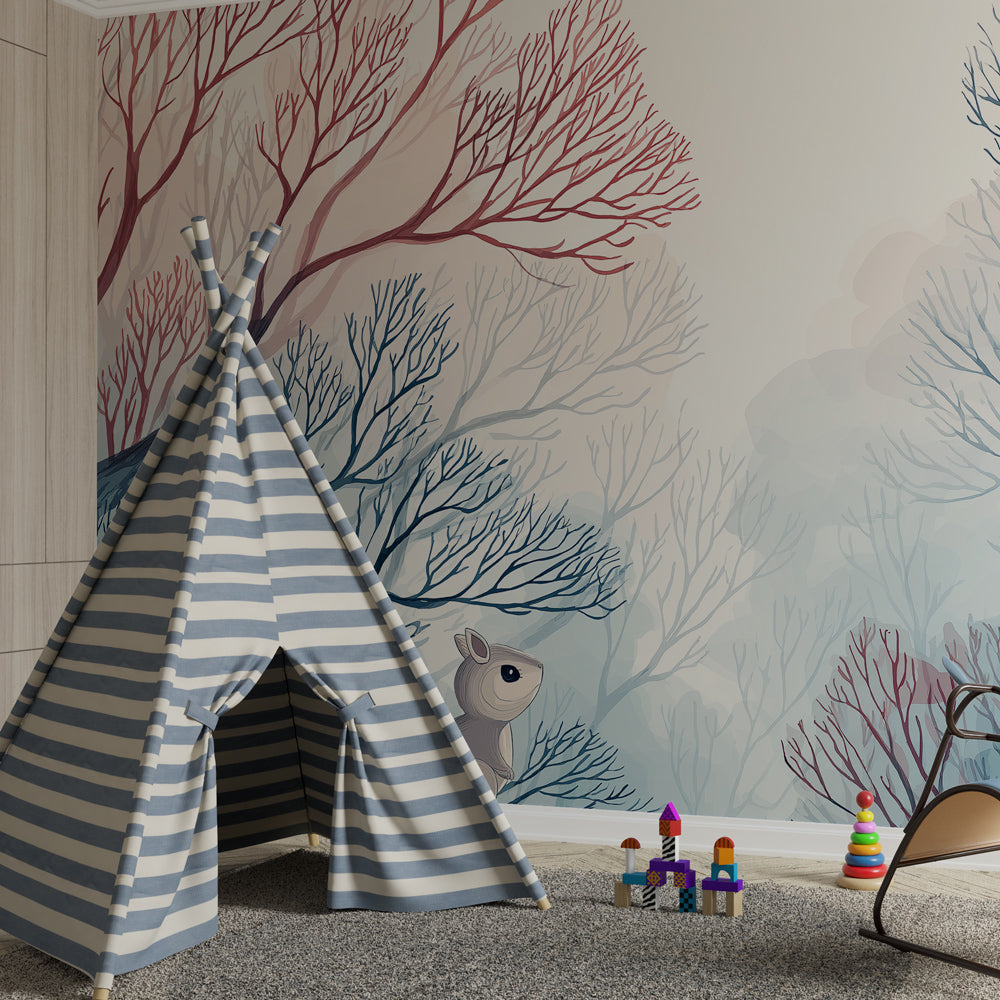 Peaceful forest animal mural wallpaper transforming kids playroom into woodland sanctuary