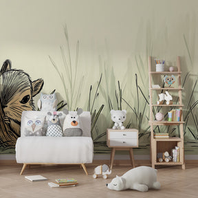 Curious squirrel woodland wallpaper creating serene nature-themed nursery decor
