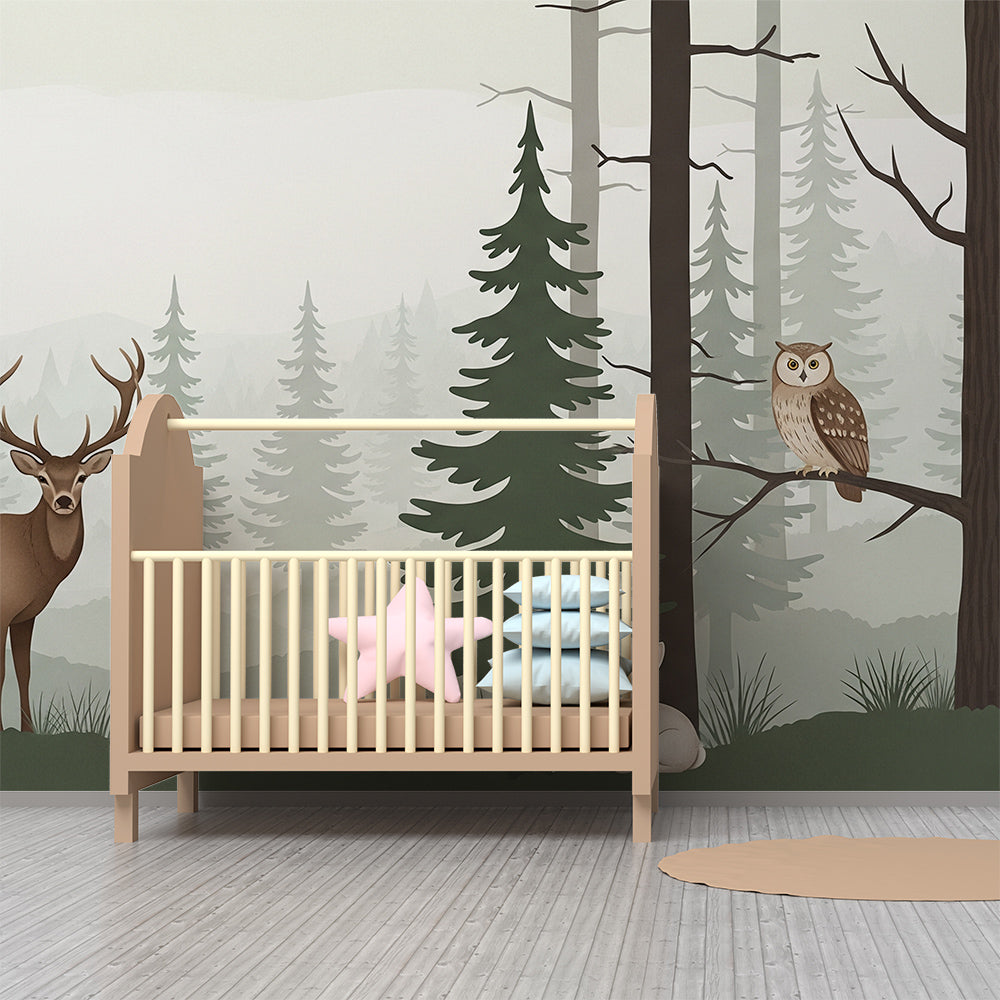 Kids-Mundo pine forest mural with a stag and owl covering a feature wall in a kids' bedroom